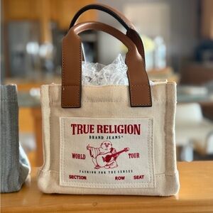 True Religion Beige Tote with Brown Handles